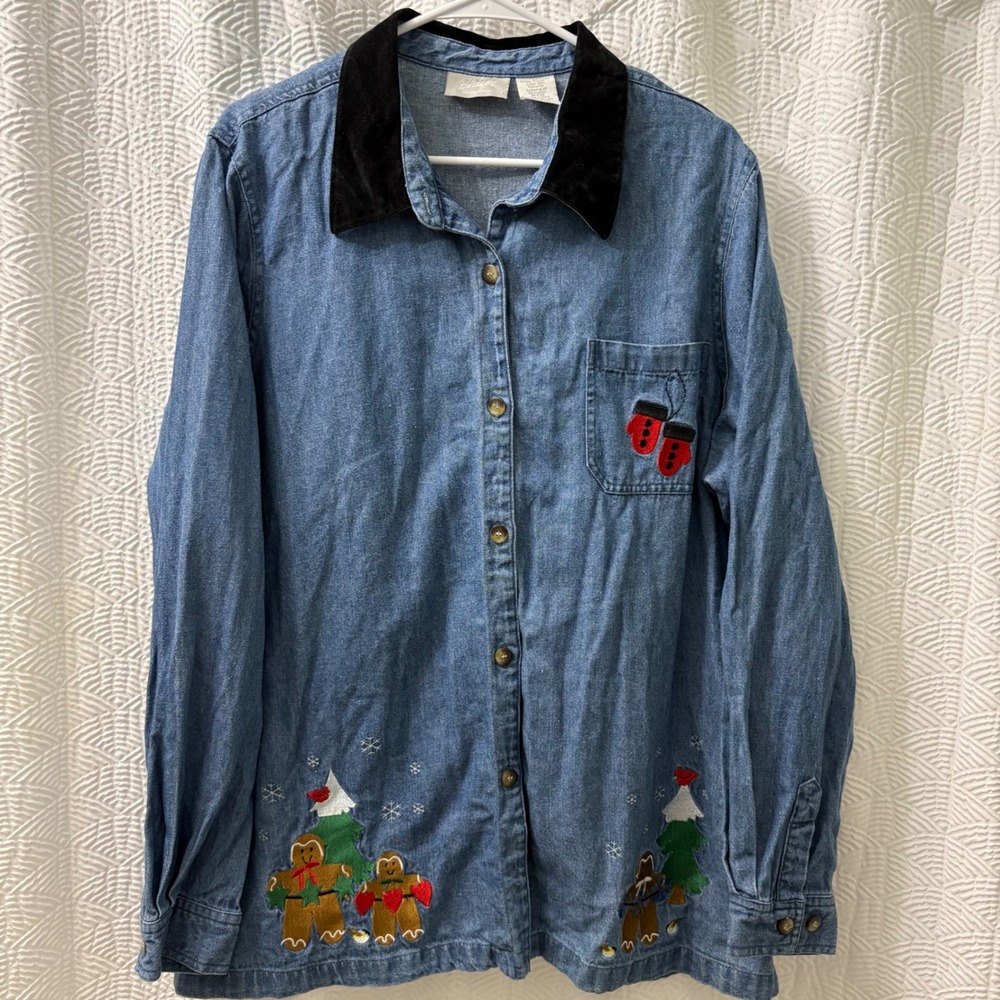Vintage Blair Denim Shirt Women's XL Christmas Trees‎ Mittens Embroidered
